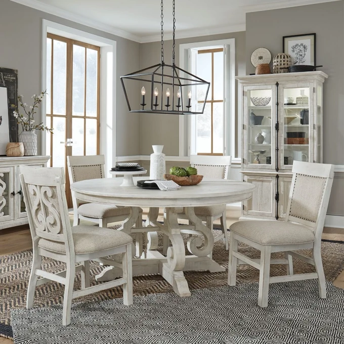 Round White Farmhouse Dining Table Set, White And Wood Dining Room Set