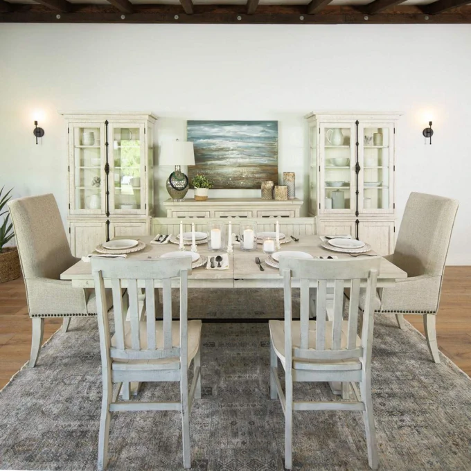 Rustic White Dining Table Set: Table, 4 Chairs, & Bench | Jerome's