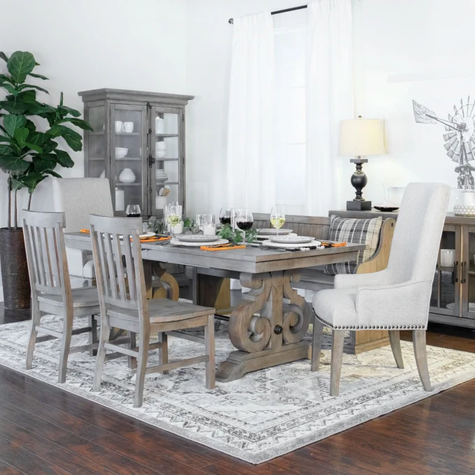 Grey Pine Dining Table Set With 1 Bench, Host Dining Room Chairs With Arms