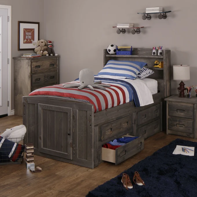 Captains Bed Set With Chest And, Twin Bed With Bookcase Headboard And Drawers Set